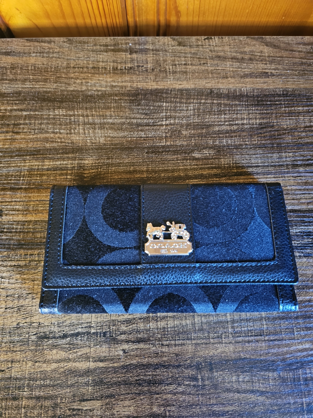 Coach Black Signature Continental Wallet with Gold Horse & Carriage Plaque
